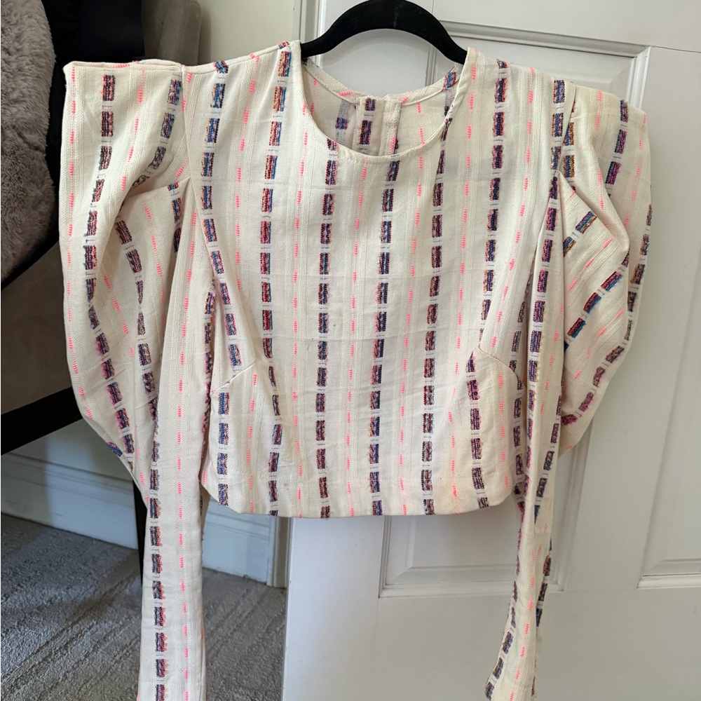 Cream Striped Crop Top with Pink & Purple Accents
